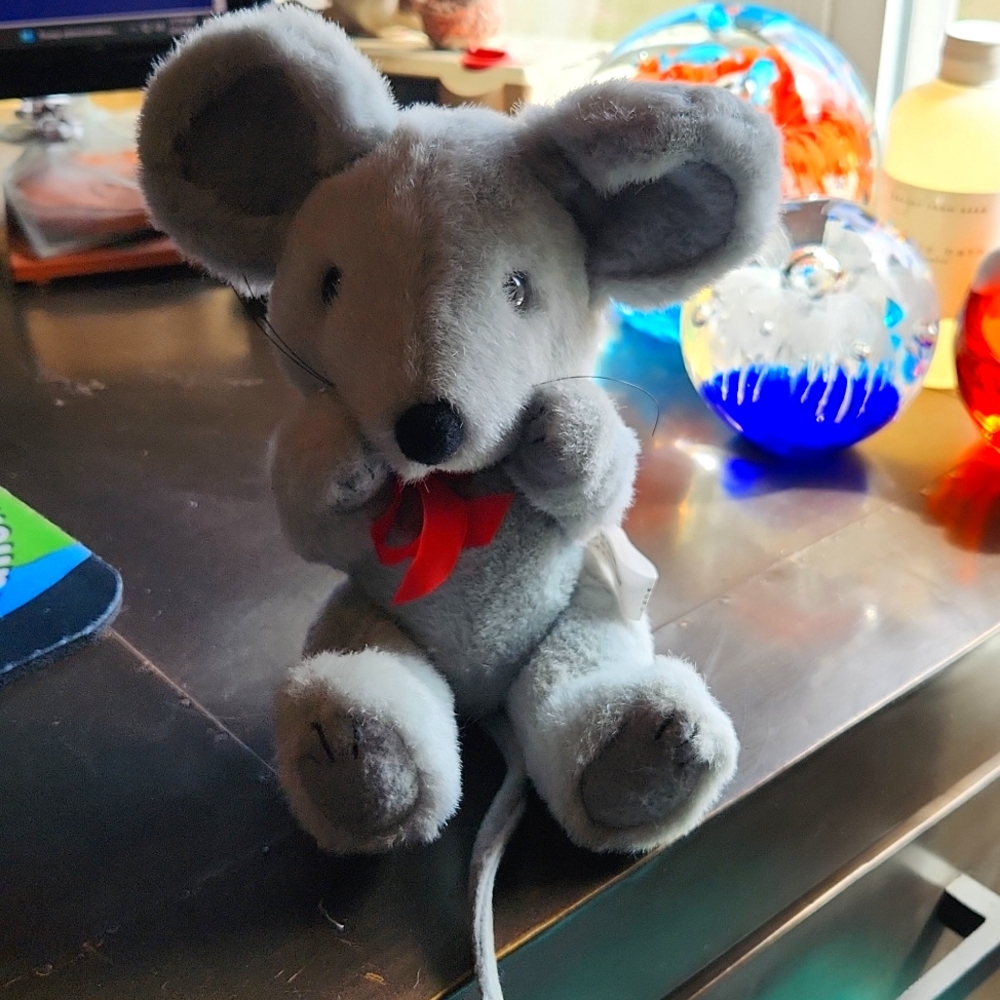 Vintage Jointed Mouse Plush With Red Bow 1990s 9.5" POSEABLE ARMS & LEGS